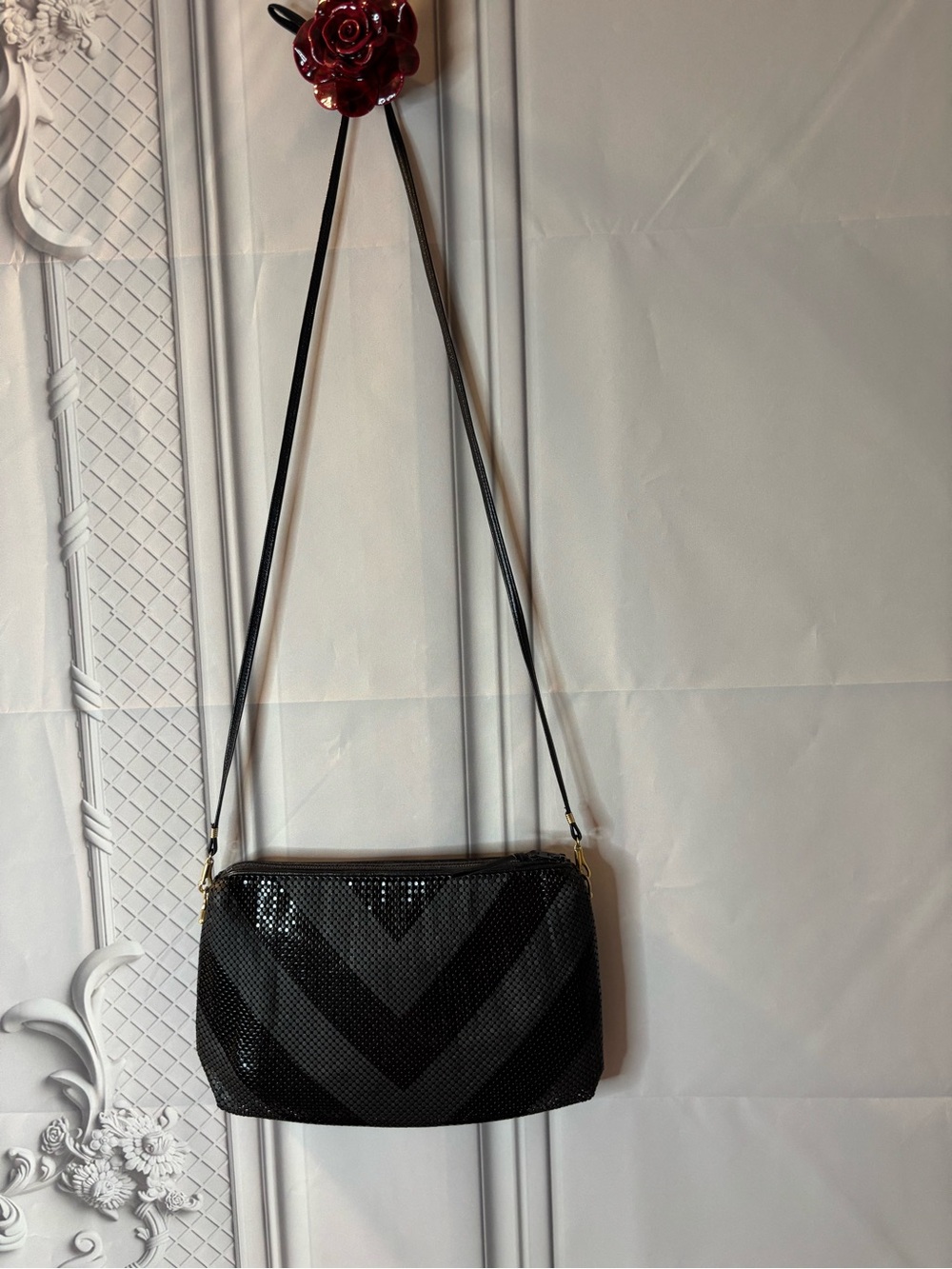 Vintage Whiting & Davis Shimmery Black Mesh Chevron Purse